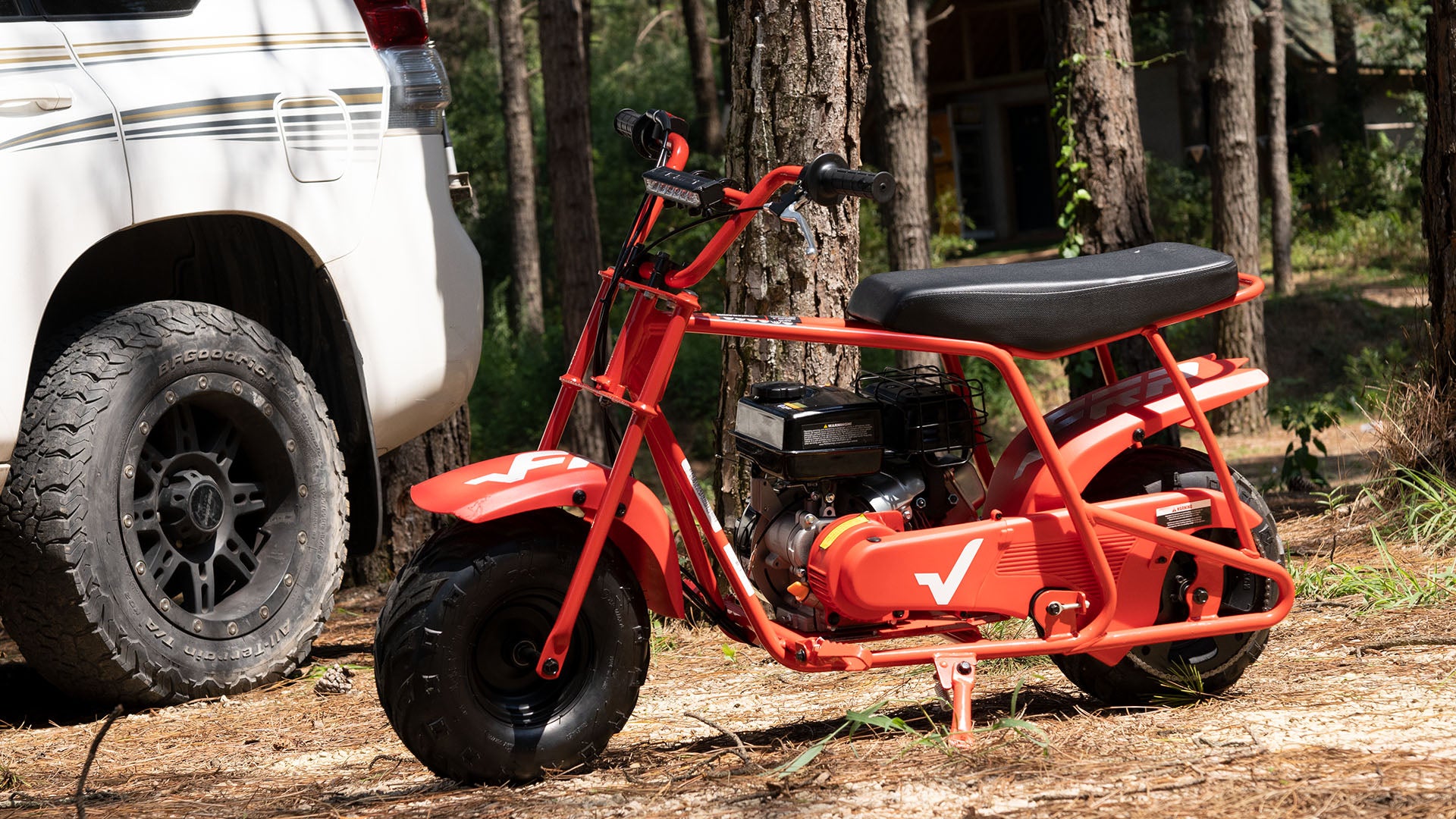 A GMB100 gas mini bike is in the forest